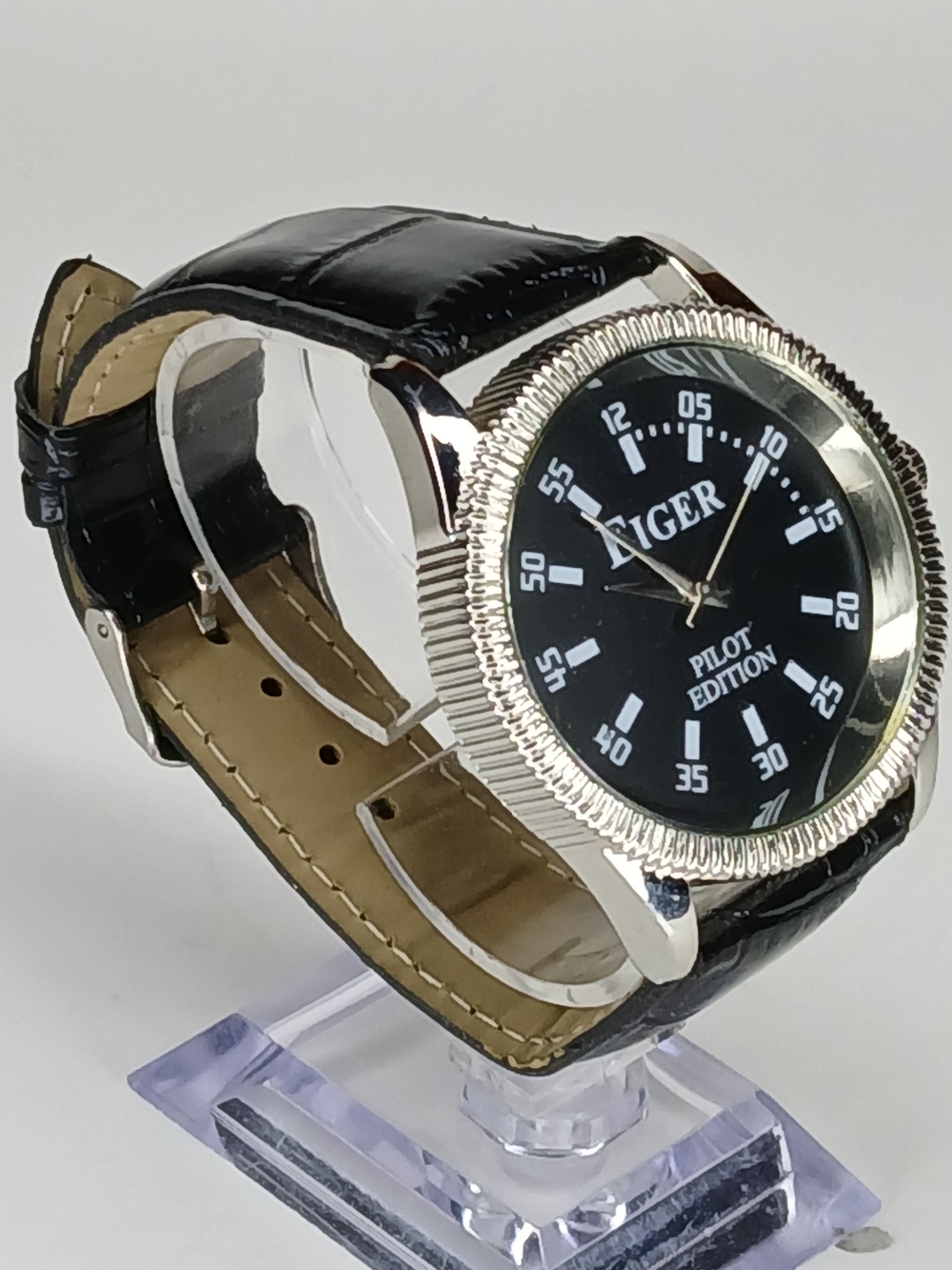 Eiger Pilot Edition Men's Watch Black Dial Coin Edge Bezel Faux Leather Strap